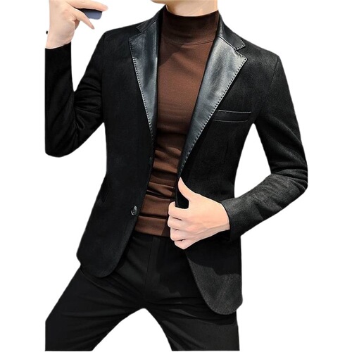 High-end Leisure Suit New Hong Kong Style Western Suit Autumn/Winter Splicing Outerwear Men's Leather Cowhide Cool Style Machine Washable