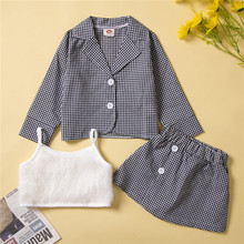 SAMGAMI BABY女童秋装洋气西装三件套千鸟格外套+毛毛吊带+裤裙
