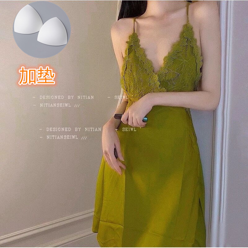 Sexy Deep V Lace Temptation Suspender Dress Beautiful Back Pajamas Female Sexy Pure Lust Style Lace Nightgown with Breast Pads