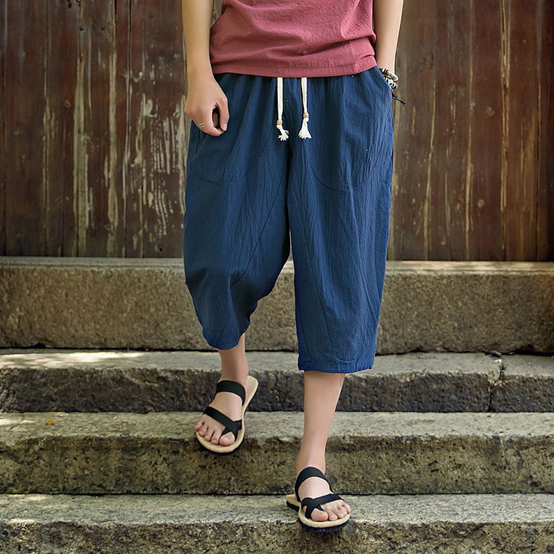 Pantalones cortos sueltos de algodón y lino de gran tamaño 7 de moda estilo chino pantalones grandes para hombres pantalones cortos casuales de lino ancho gordo verano