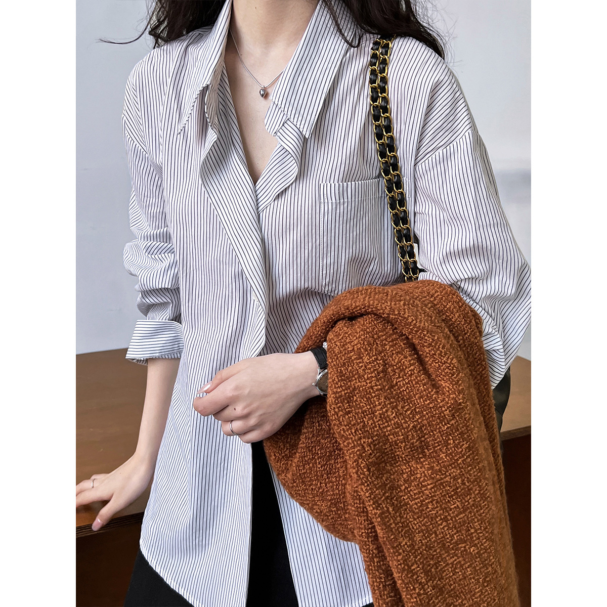 Ns Hong Kong Style Striped Shirt for Women, Spring Casual Loose Salt-Style Outerwear with Dropped Shoulder Sleeves, Shirt Jacket 7059