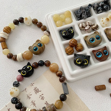 檀木猫头天然石木珠树脂散珠手链项链串珠手工diy材料饰品配件包