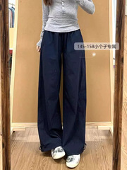 ネイビーブルーの女性用速乾オーバーオール夏の新しいハイウエストスリムワイドレッグパンツ小柄な人向けカジュアルスタイルパンツ