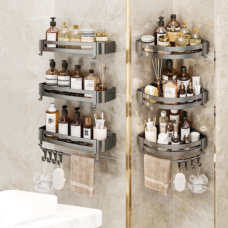 Rack de almacenamiento de baño cesta de triángulo estante de almacenamiento de baño esquina negro engrosado espacio de aluminio libre de perforación estante para colgar en la pared