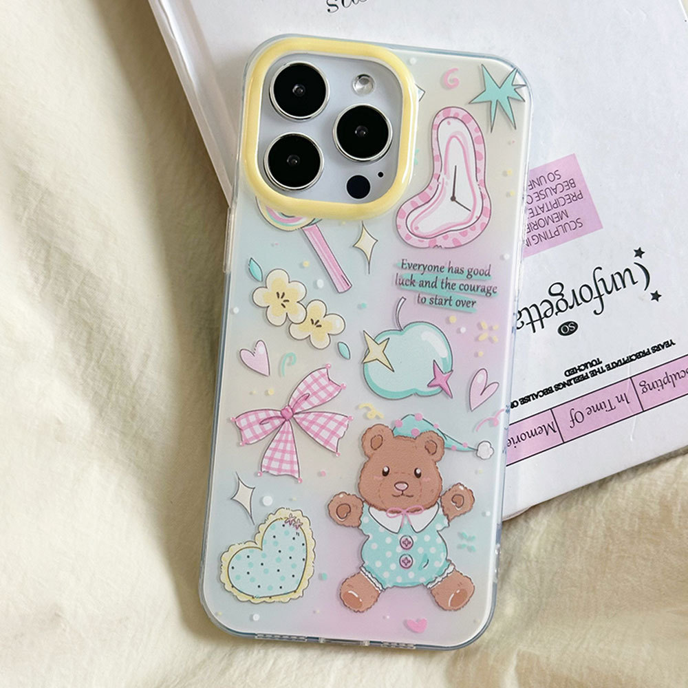Custodia protettiva con cinturino con fiocco 3C Cartoon Bear compatibile con 16PM Cute 13 Phone Case 15 Pro_voghion.com