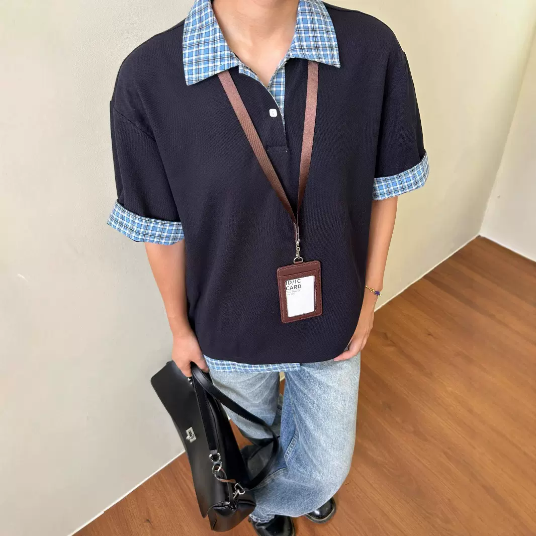 MADEEXTREME 藏蓝色假两件拼接透气格纹polo领短袖衬衫t恤 miu系