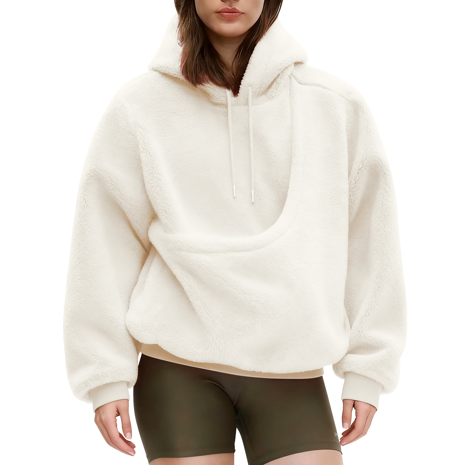BK8837# Amazon Avrupa Amerika Sonbahar Kış Sınır Ötesi Düz Renk Kapşonlu Peluş Evcil Hayvan Cepli Geniş Kesim Sweatshirt Kadın