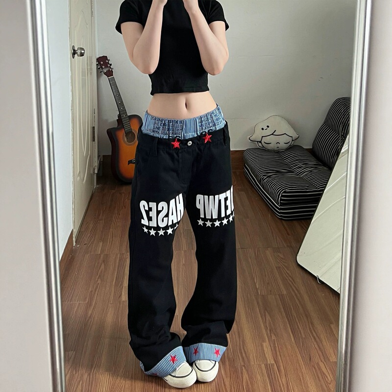 American Retro Niche Style Double-Waist Patchwork Scimitar Jeans for Men and Women with Stacked Design for a Height-Enhancing Effect, Loose Straight-Leg Pants