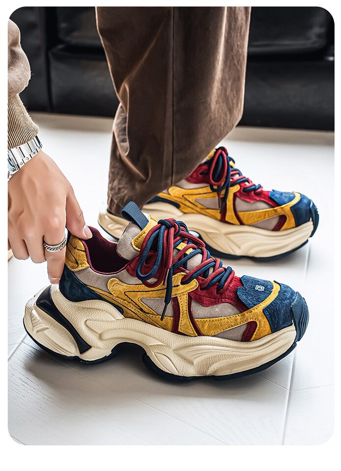 Giày sneaker nam phong cách giày bố đế lốp, da nhân tạo, gót 3–5 cm — màu vàng, màu xám đen, đen chi tiết 6