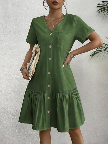 2025 Summer Foreign Trade Single-breasted Women’s Dress, Loose-Fitting Dress with Pockets, Ruffled Hem, Casual Short Sleeves