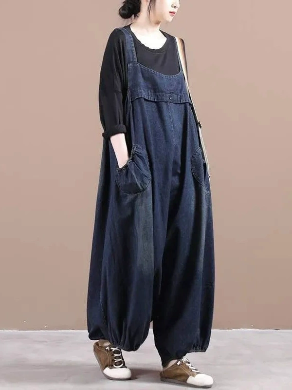 Джинсовый комбинезон, свободный крой женские dungarees, темно-синий 320#, размеры M–XXL
