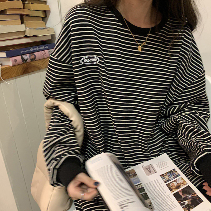 ストライプTシャツ レディース 2025秋新作 丸首 長袖 スウェットシャツ 韓国風トップス レディース服 輸出向け|undefined