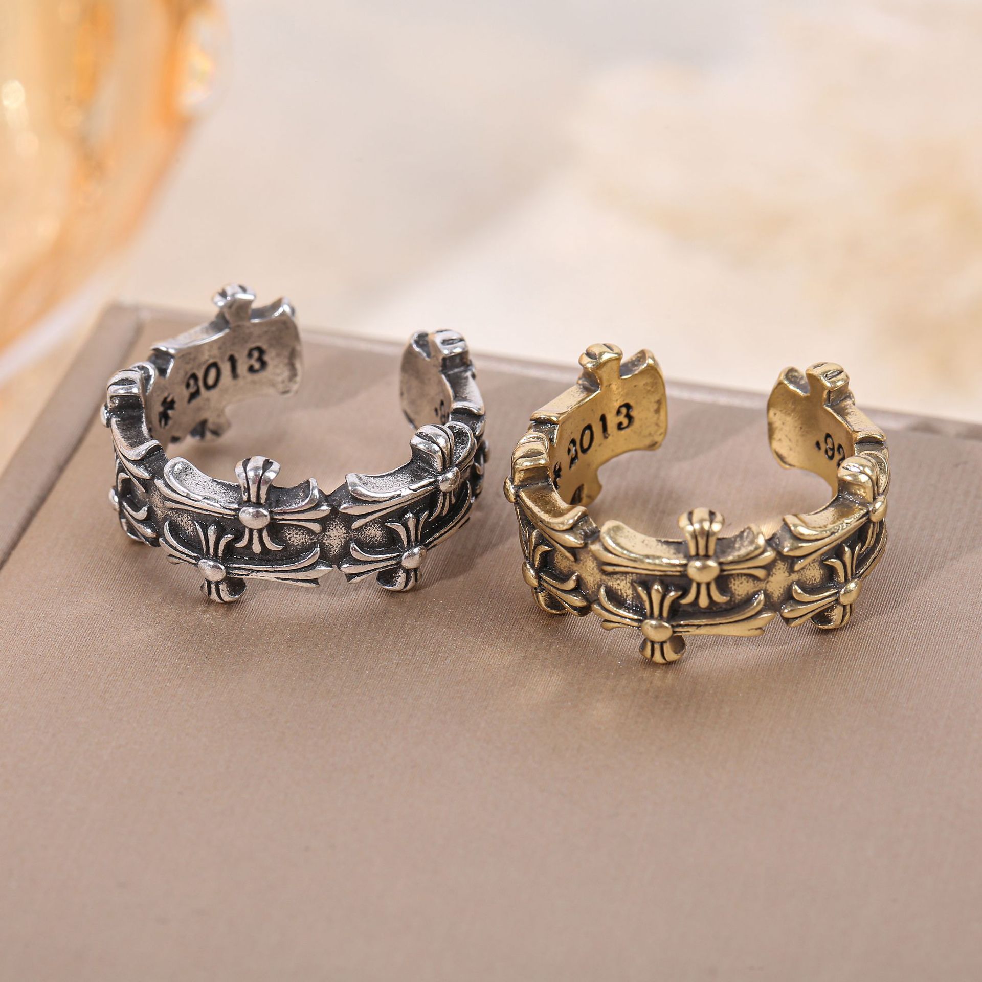 Vintage Retro Men's Ring Trendy Brand Cross Open Adjustable Hip-Hop Niche Design High-End Ring