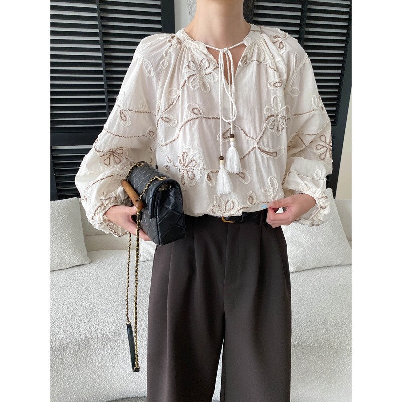 Cisnann early autumn new French-style heavy-duty floral embroidery design loose long-sleeve shirt with tie SN9289 Cisnann early autumn new French-style heavy-duty floral embroidery design loose long-sleeve shirt with tie SN9289