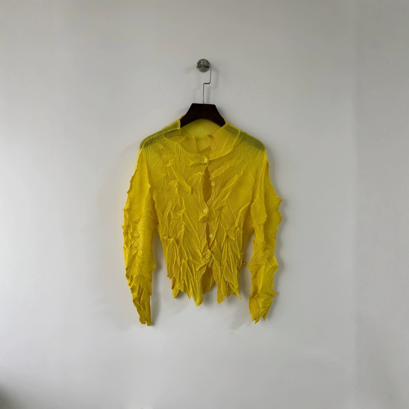 French Style Shirt Tops for Women 2025 Spring and Summer New Versatile Asymmetrical Slim Fit Elastic Pleated Cardigan Sun Protection Clothing