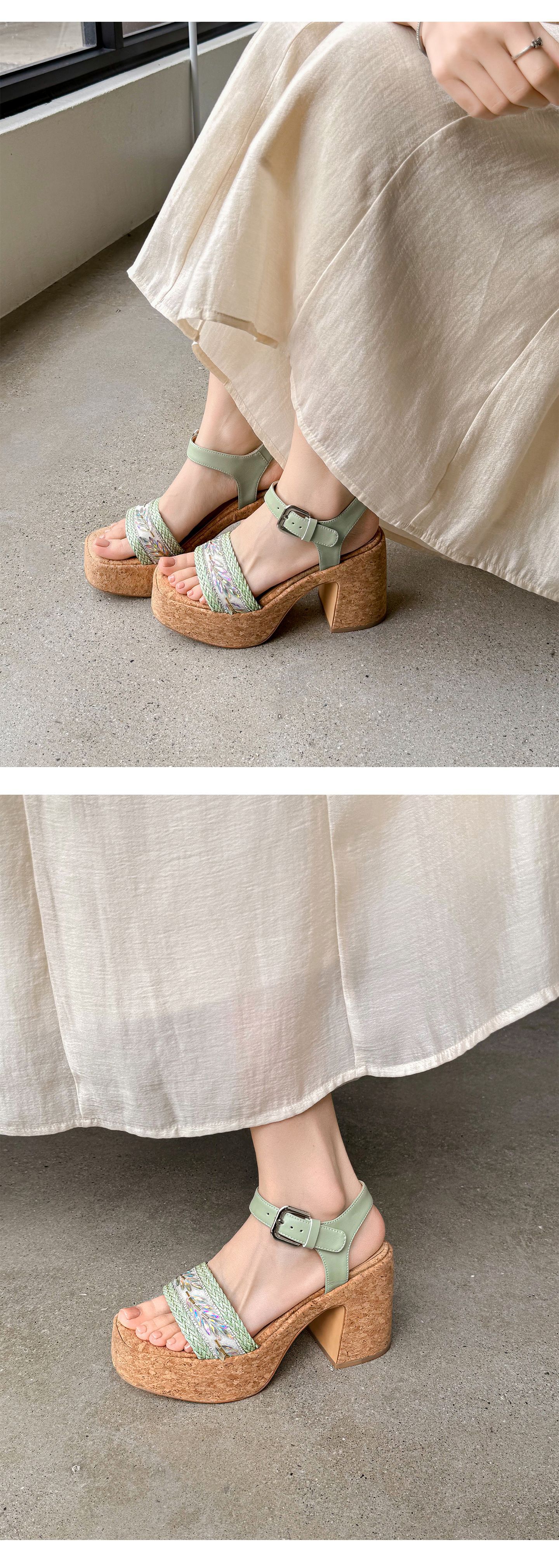 Sandal cao gót nữ mũi vuông phong cách Pháp, quai đan kiểu La Mã, gót 9 cm — xanh lá cây, màu mơ chi tiết 7
