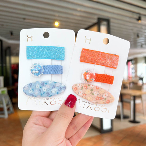 New children's hair clip baby quicksand quicksand sequin pressure clip girls fabric oval floral BB clip three-piece set