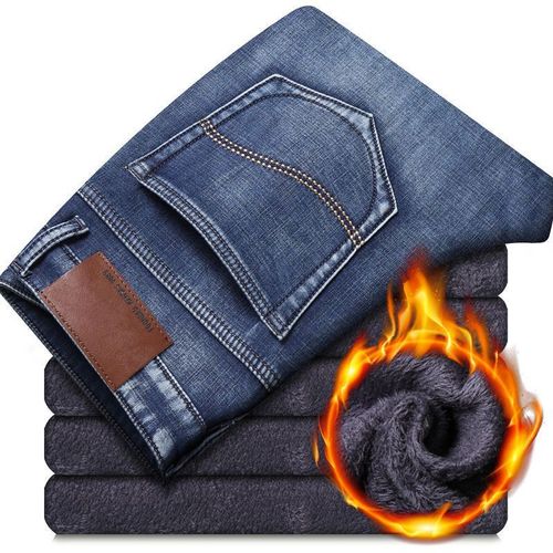 New Tang Denim Winter Fleece-Lined, Thickened Men's Straight-Style Stretchy, Warm Cotton Business-Style Men's Denim Long Pants with High Elasticity