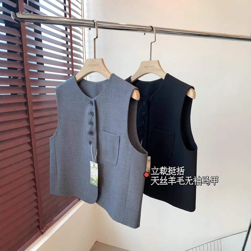 THEWOW Pole Quality Three-Dimensional Cut Stiffling Short Box Tencel Wool Sleeveless Vest suit