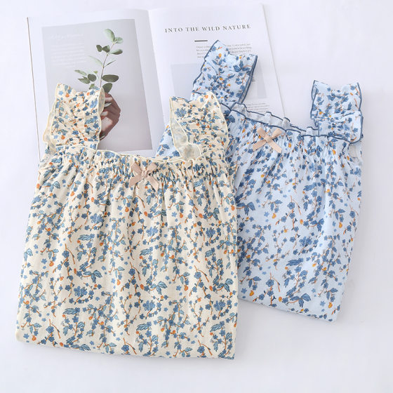 Summer new pastoral style girl's fresh floral strap nightdress thin pure cotton gauze sweet princess homewear
