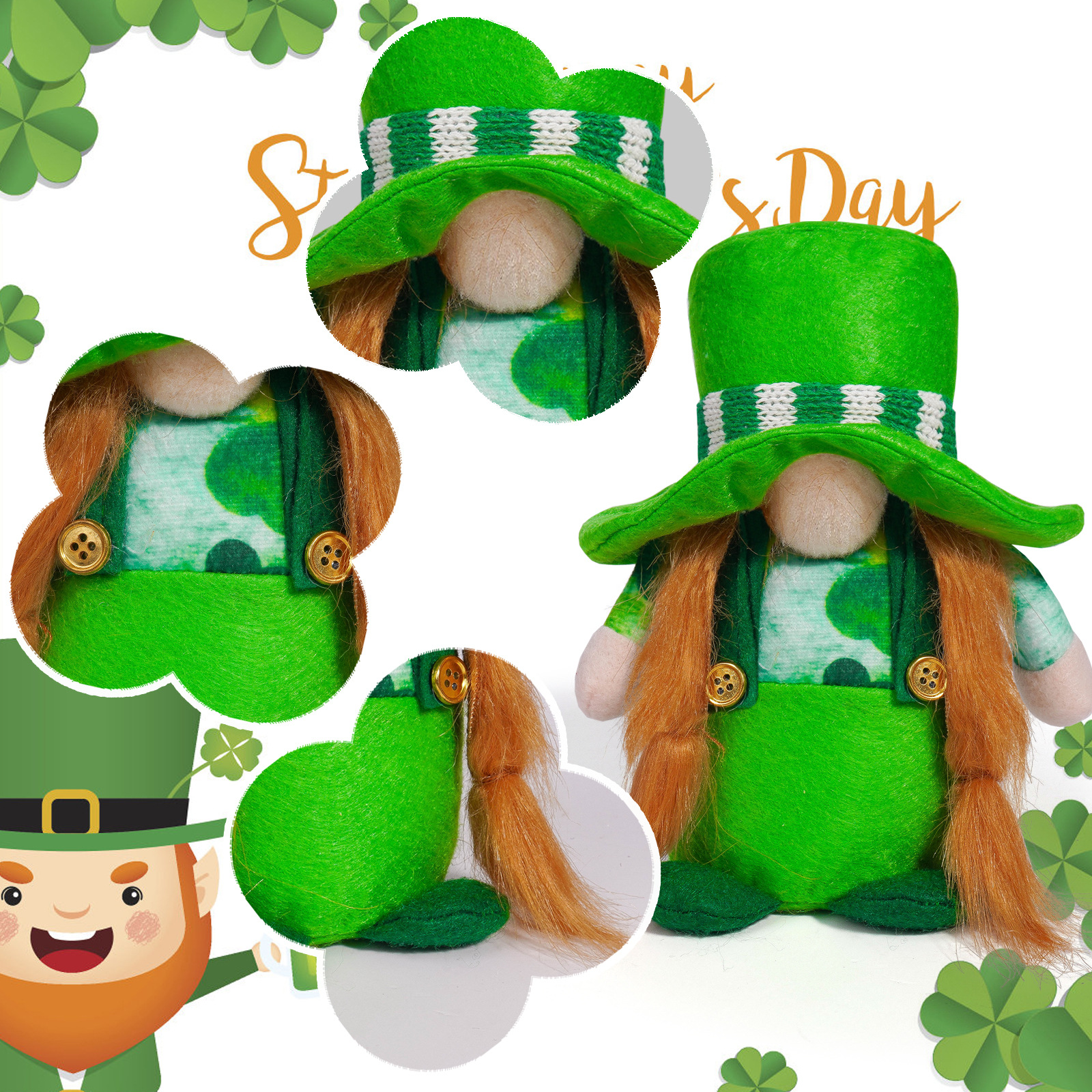 Transfronterizo irlandés Día de Patricio decoraciones muñecas verdes muñecas sin cara creativas decoraciones enanas de hojas verdes