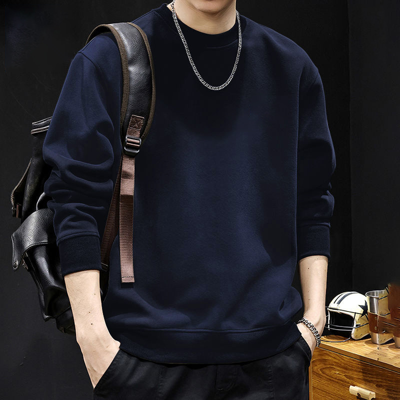 네이비 블루 라운드넥 스웨트셔츠 레귤러 스타일 - 솔리드 컬러 [GL]