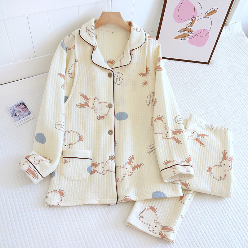 Spring and Autumn Pregnant Women's Pure Cotton Luna Women's Postpartum Breastfeeding Suit Thickened Air Cotton Waist Adjustable Breastfeeding Pajamas