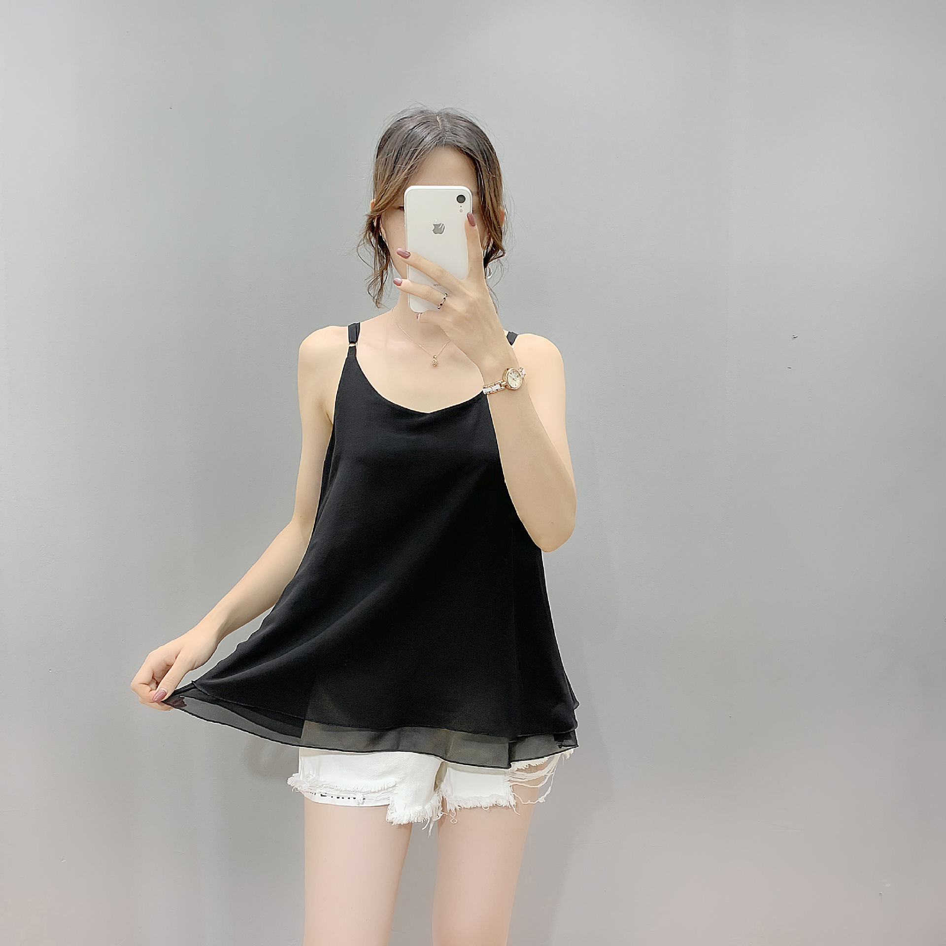 2025 Spring New Plus Size Women's Mid-Length Chiffon Vest Fat Girl Fake Two-Piece Loose Camisole