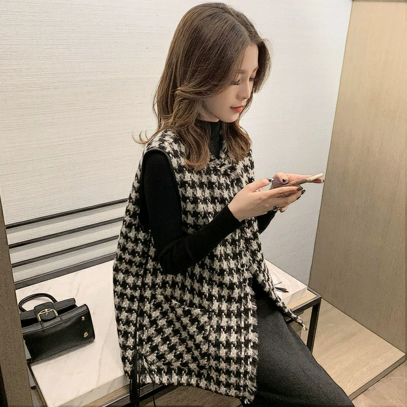 Клетчатый жилет, жилет, пальто, осенне-зимняя женская верхняя одежда, куртка, свободная корейская мода, вязаный жилет, жилет