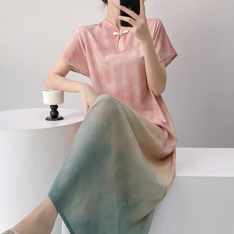 Retro-Style Improved Cheongsam Dress for Women, Summer Thin Style with Buttoned Stand Collar, Cotton Silk Nightgown, New Chinese Style Elegant National Style Dress