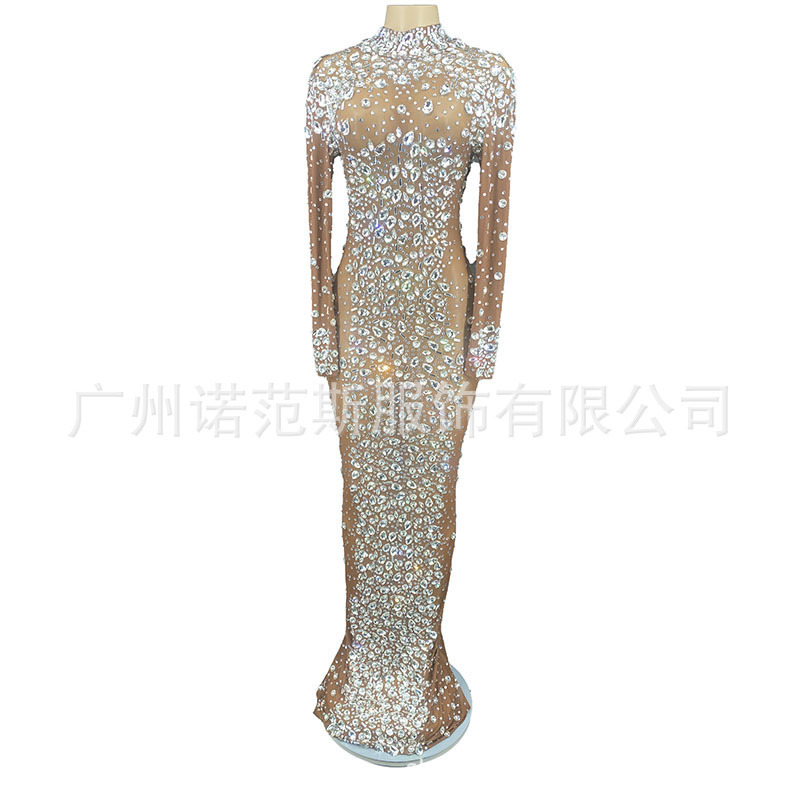 Plus Size Women's Long Shiny Diamond Evening Dress Ceremony Party Prom Cocktail Evening Dress Elegant Long Sleeve