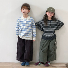 韩系男女童撞色条纹Polo衫儿童翻领套头毛衣中小童休闲宽松秋装