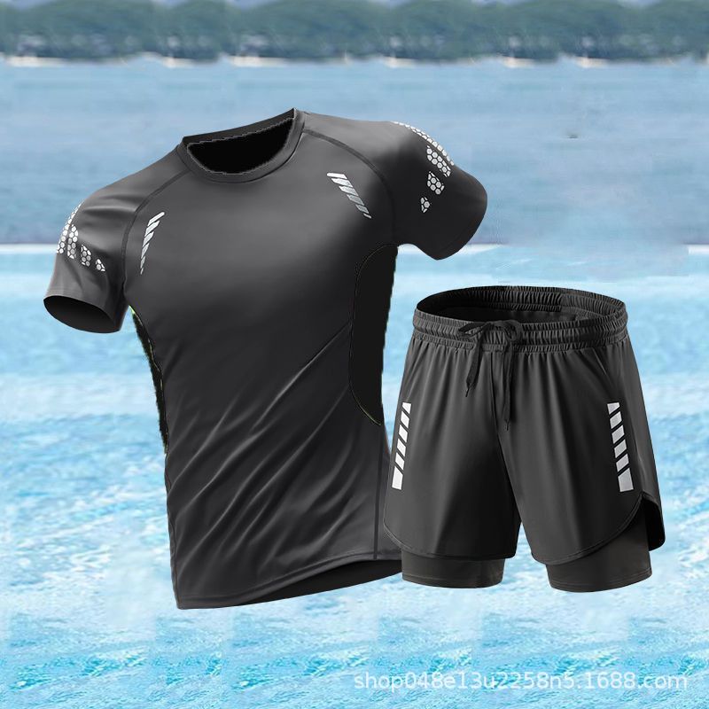 실크 그레이 반팔 + DK70 블랙 더블 레이어 수영 트렁크