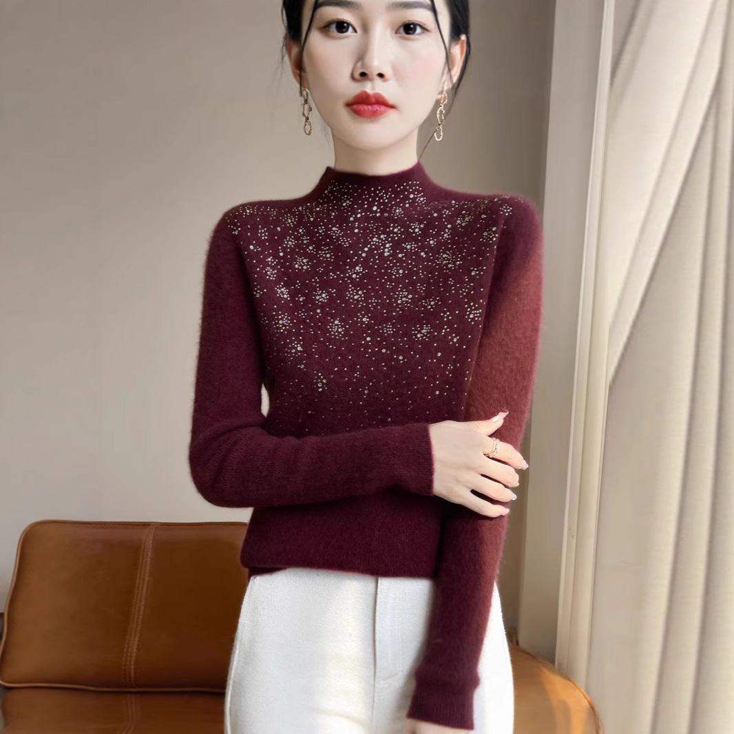 25秋冬季新款修身内搭打底衫上衣一线成衣针织衫女半高领镶钻毛衣