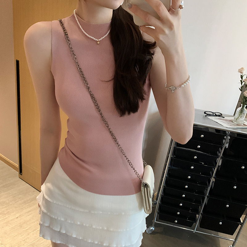 Hot-Selling Korean Style Lazy Half Turtleneck Sleeveless Knitwear for Women 2025 Summer New Style Beautiful Inner Vest Top