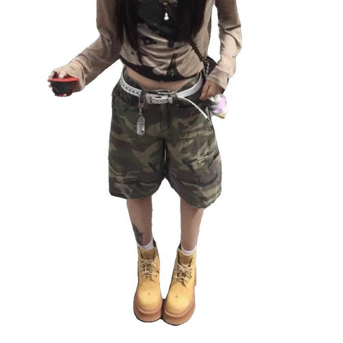 Vintage American Style Hot Girl Cowboy Camouflage Shorts for Women Summer Low-Waist Street-Rolling Straight Leg Military Green Work Pants Trendy