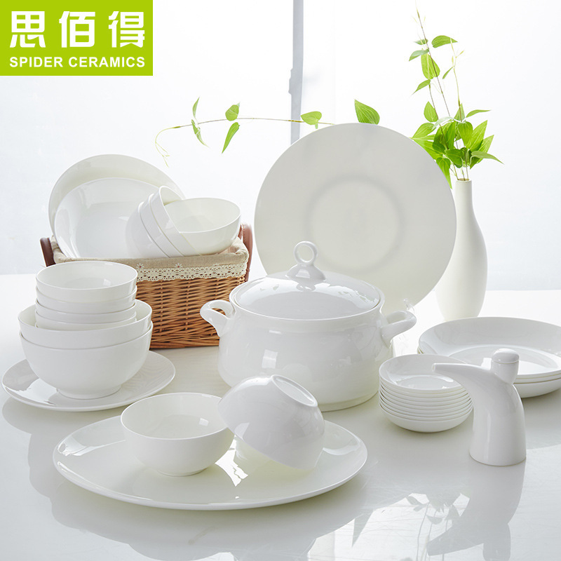 Pure White Bone China Tableware, Bone China Bowls and Plates with Household Bone China Rice Bowls, Noodle Bowls, Soup Dishes, Soup Bowls, Tangshan