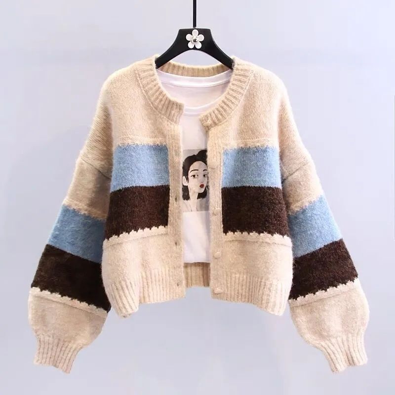 New Retro Round-Neck Color-Blocked Autumn Japanese-Style Loose and Lazy Knit Cardigan Short Soft Sweater Jacket New Retro Round-Neck Color-Blocked Autumn Japanese-Style Loose and Lazy Knit Cardigan Short Soft Sweater Jacket
