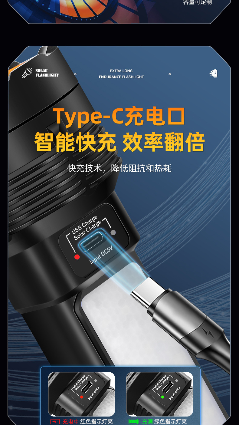 Photovoltaic Solar Flashlight Strong Light Super Bright Outdoor Long-shot Bright Long-life Battery Charging Portable Concentrator