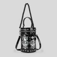 哥特骷髅头印花珍珠链条水桶包创意单肩斜挎包个性手拎包手提包
