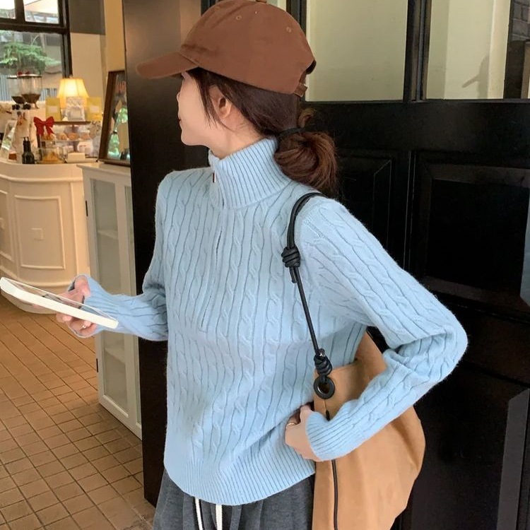 半拉链高领麻花毛衣女2025新款秋冬感粉色针织打底衫内搭上衣