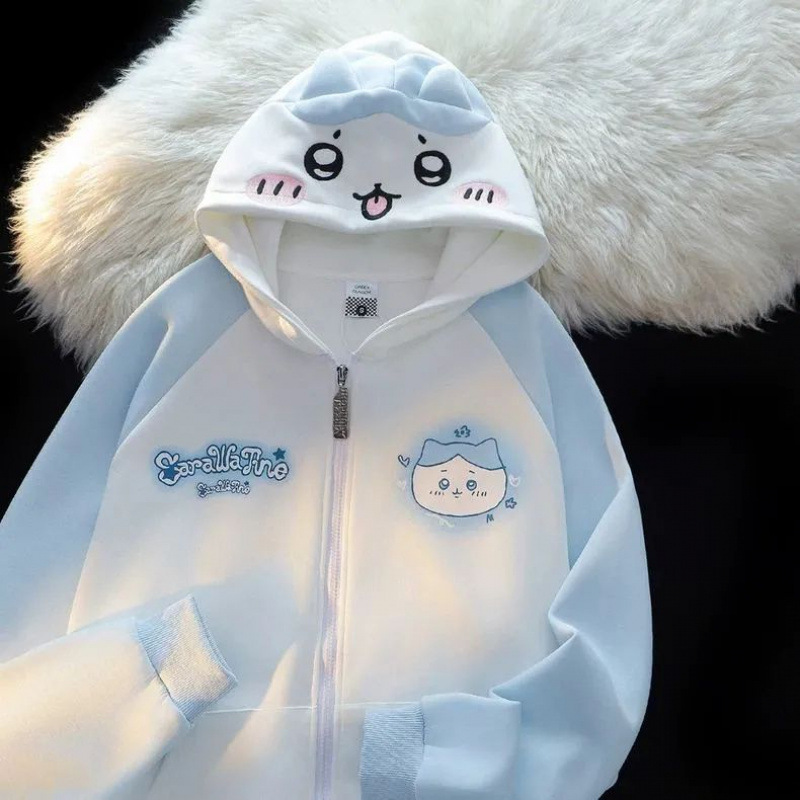 Japanese-style cute anime bunny ear hooded sweatshirt for women, new spring and autumn loose-fitting, casual chic zip-up jacket