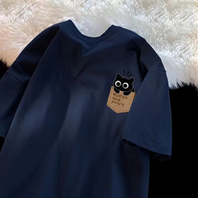 European-style cartoon cute cat print T-shirt, new summer style, unisex fashion trend, casual loose short-sleeve cotton European-style cartoon cute cat print T-shirt, new summer style, unisex fashion trend, casual loose short-sleeve cotton