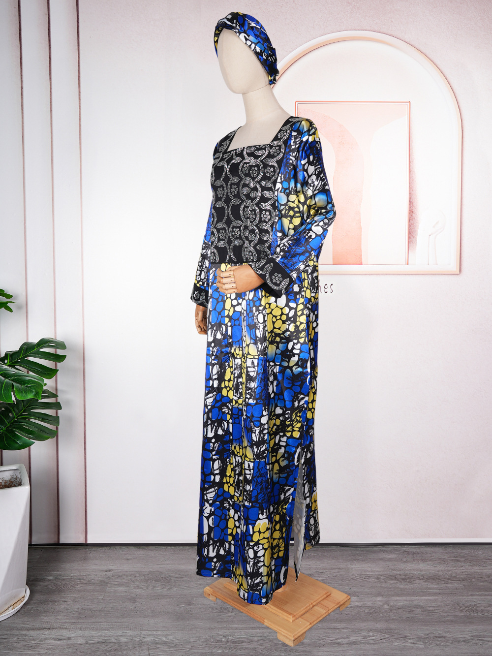 Middle East Bestseller Crystal Satin Printed Dress With Headscarf And Rhinestones, African Plus Size Women's_ecoleips.com