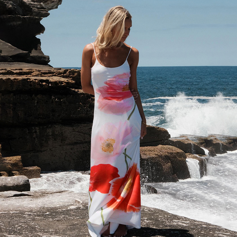 Femmes Robe À Bretelles Vacances Col En U Dos Nu Sans Manches Fleur Maxi Longue Robe Vacances Plage display picture 4