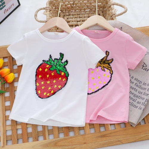 Girls short-sleeved T-shirt children's clothing summer little girl strawberry color changing sequin T-shirt children's top cotton live broadcast