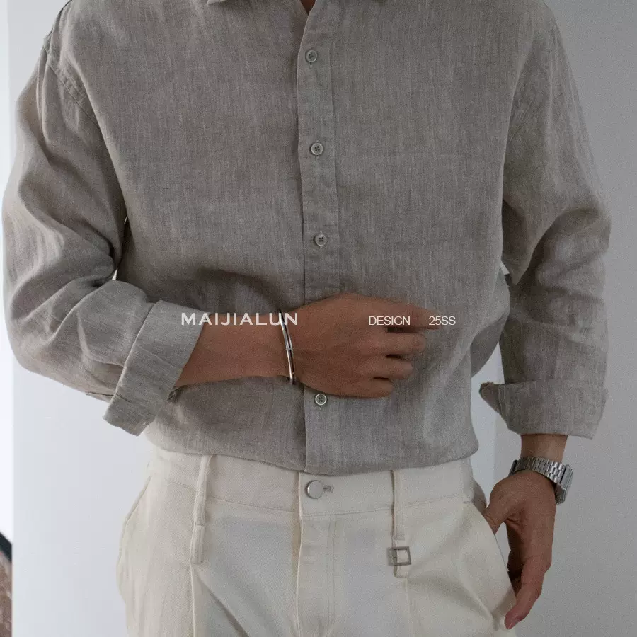 能盟亚麻肌理感纯色衬衫男夏季垂感宽松透气凉感衬衫上衣男装