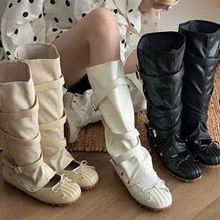 Sandals women's two-wear removable bow Mary Jane shoes retro sports ballet shoes soft sole pile knight boots