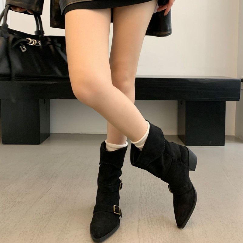 复古尖头粗跟西部靴女2025新款时尚显瘦皮带扣堆堆翻折马丁靴|undefined