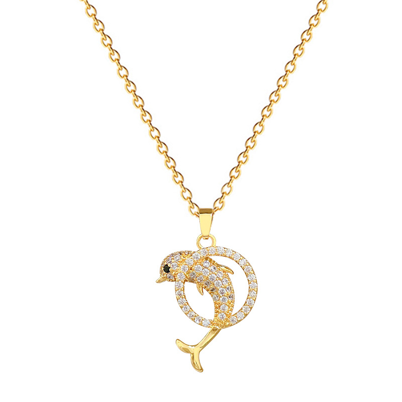 Colar em aço titânio com pingente de golfinho saltando e cravação completa de diamantes, luxuoso e elegante, perfeito para a clavícula._voghion.com